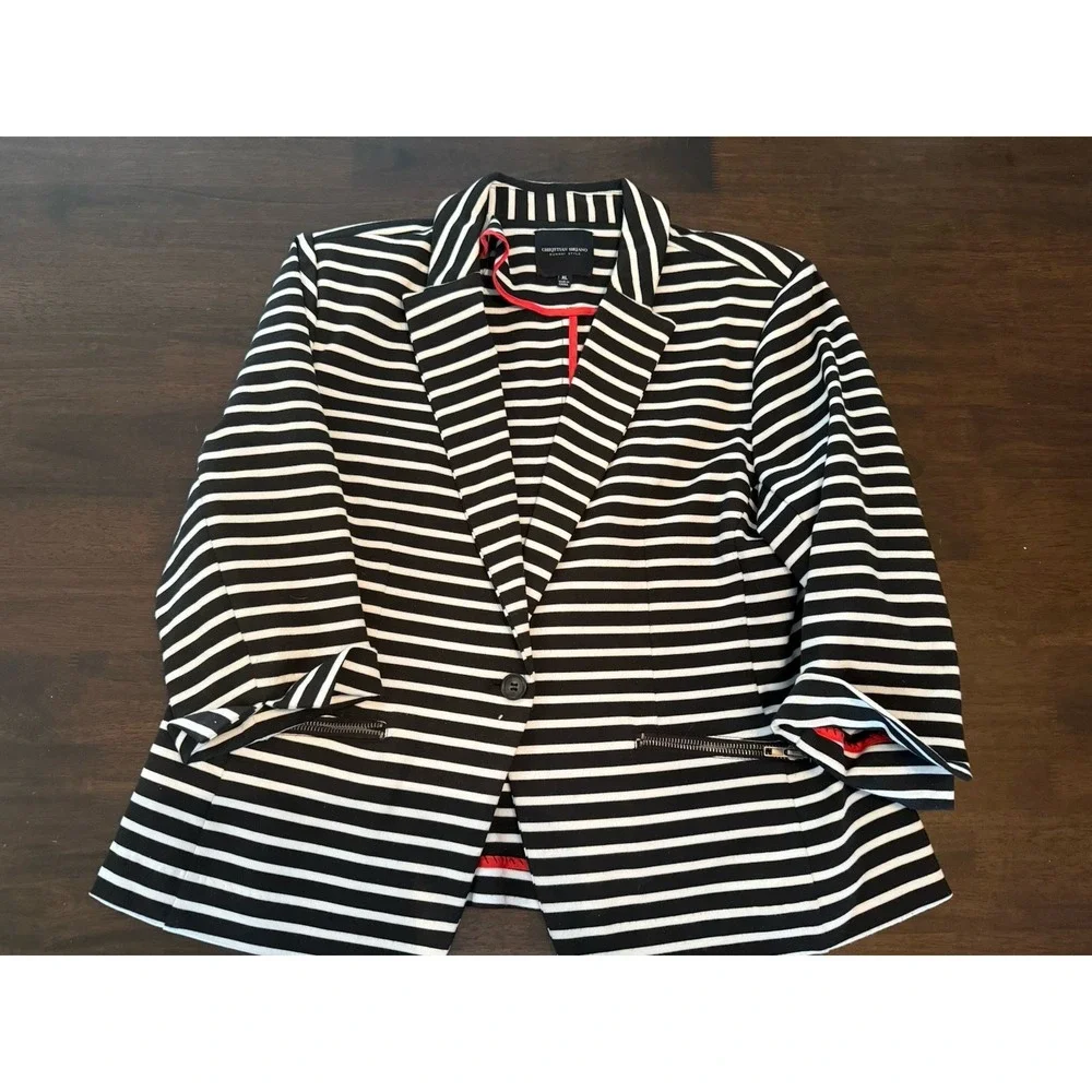 Christian Siriano Runway Style Black White Striped Zipper Pocket Blazer XL - Picture 1 of 12